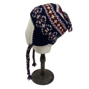 Handmade 100% Wool Fair Isle Earflap Hat Nepal Fleece Lined Navy Purple Boho